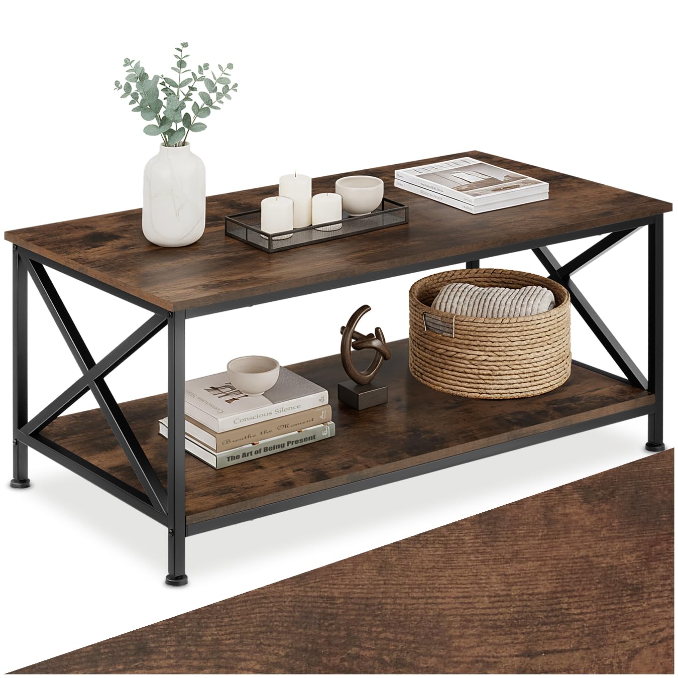 tectake® Table basse Salon 100 x 55 x 45,5 cm, Table basse à 2 niveaux, Style industriel, Bout de canape Meubles de Salon Meuble Bureau Chambre Décoration Maison Meuble d'appoint Rangement, Bois foncé