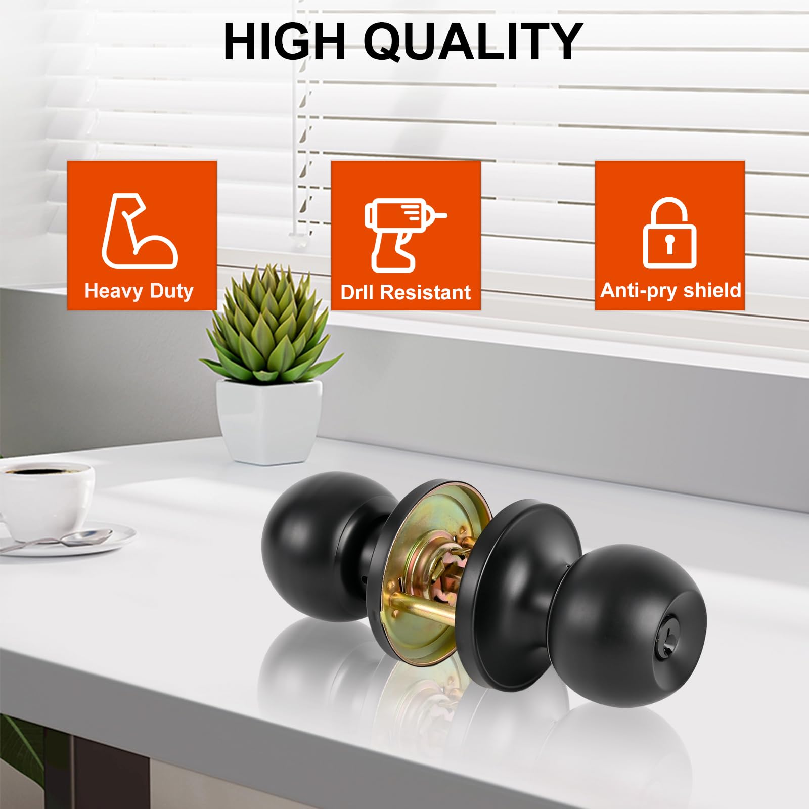 YELANGU Entrance and exit Door Knob with Key Stainless Steel Exterior Doors Knobs Round Security Front Doors Lock Set Satin Nickel 1 Pack(Black) - Image 4