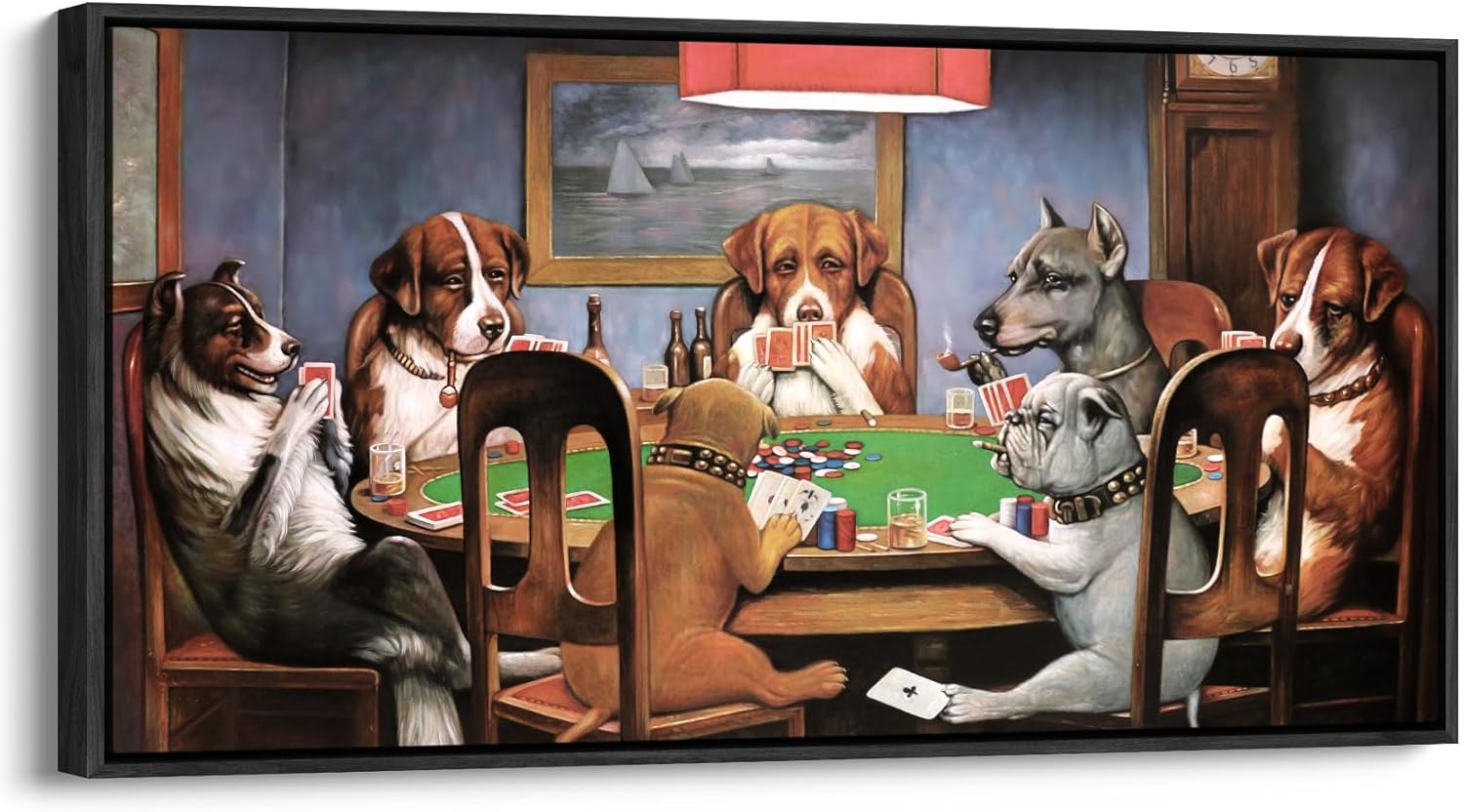 wall26 Extra Large Framed Wall Art Canvas Print - Dogs Playing Poker Classic Humorous - Contemporary Artwork for Living Room Bedroom Office - 60"x30" Black
