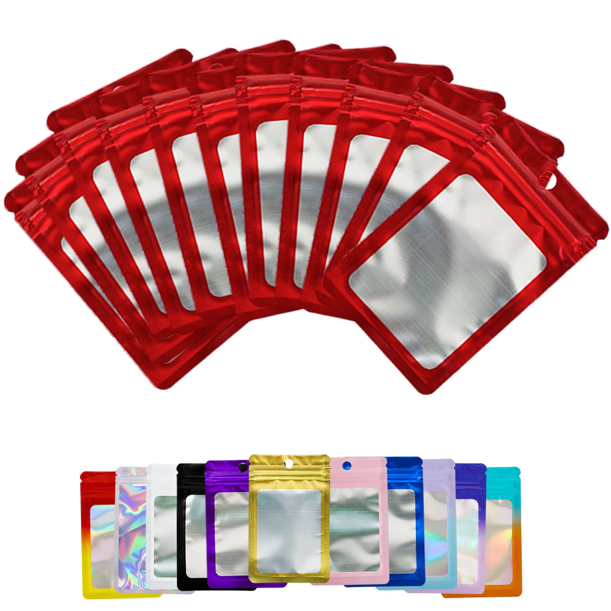 Funnyleaf 100 PCS Red Resealable Mylar Holographic Bags Food Storage Smell Proof Bags with Front Window Packaging Pouch for Cookies Sample Jewelry