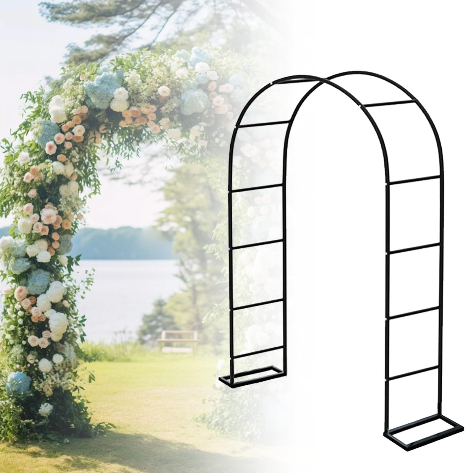 Regulowany metalowy łuk ogrodowy – solidna biało-czarna kratka do roślin pnących, dekoracja ślubna na zewnątrz, szerokość 80-350 cm, dł. 280 x szer. 40 x wys. 220 cm, idealna na imprezy ogrodowe i