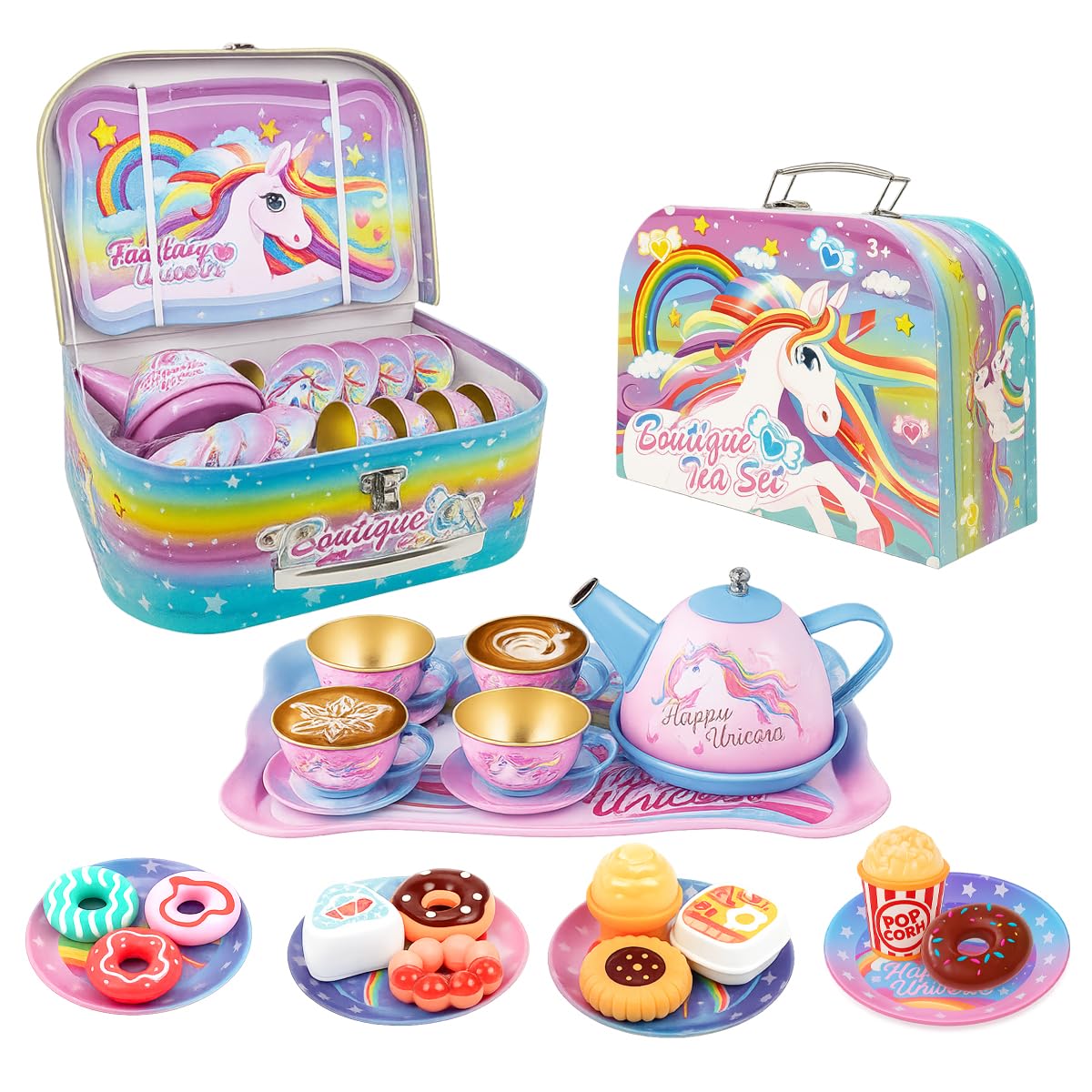 Toyana 27 PCs Kids Unicorn Tea Set in Metal Carry Case, Pretend Play Tea Party Playset, Realistic Teapot, Cups
