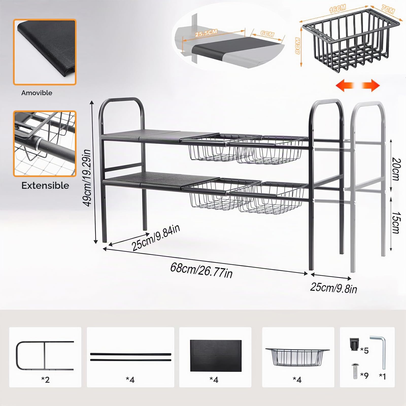 ViWaVee Rangement Sous Evier Extensible 53-93cm Organisateur Cuisine 4 Plateaux 4 Paniers Hauteur Réglable 5cm