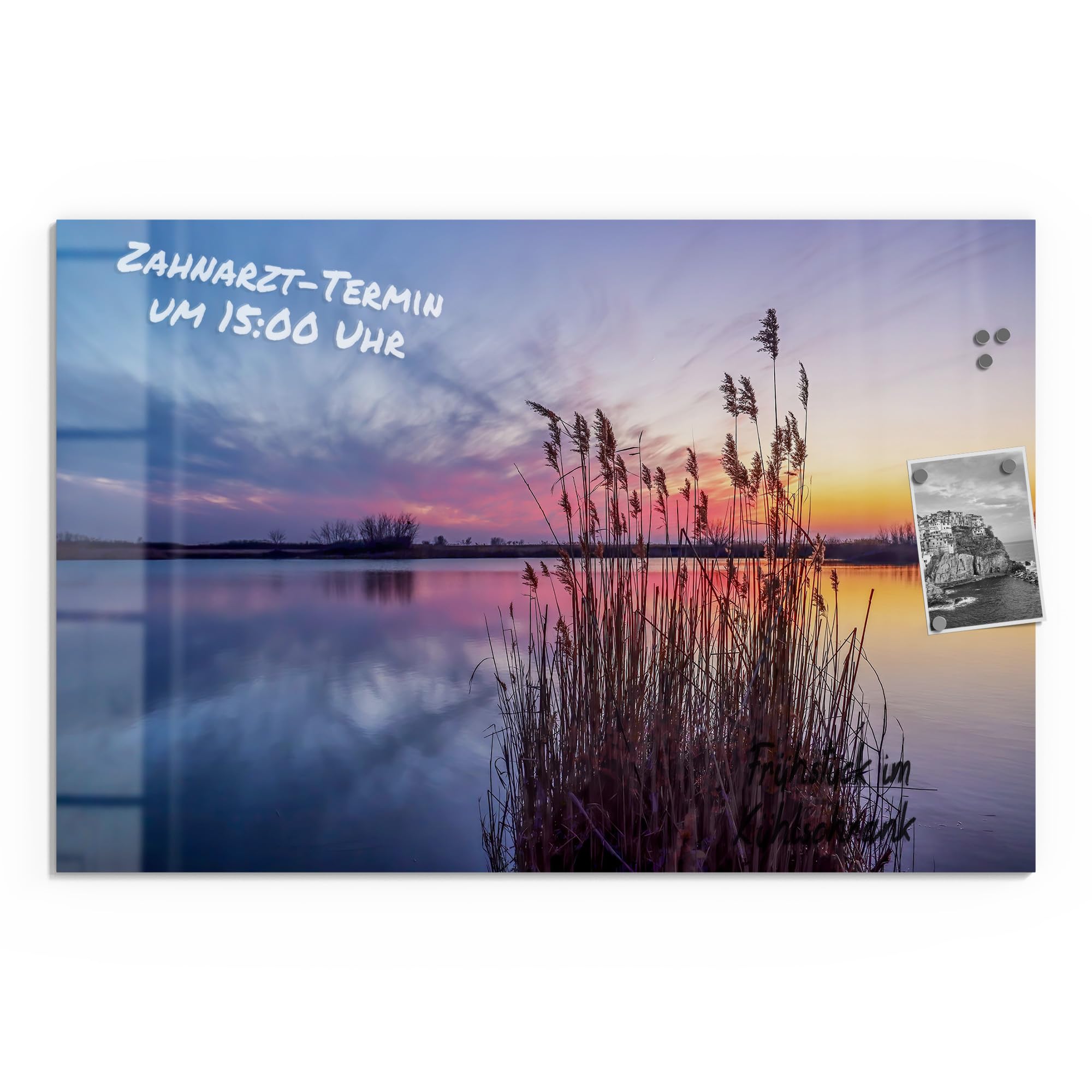 DEQORI Szklana tablica magnetyczna, wymiary 90 x 60 cm, motyw "Abendstille am See" | tablica do notatek ze szkła | tablica magnetyczna z magnesami, długopisem i ściereczką do kuchni i biura | tablica
