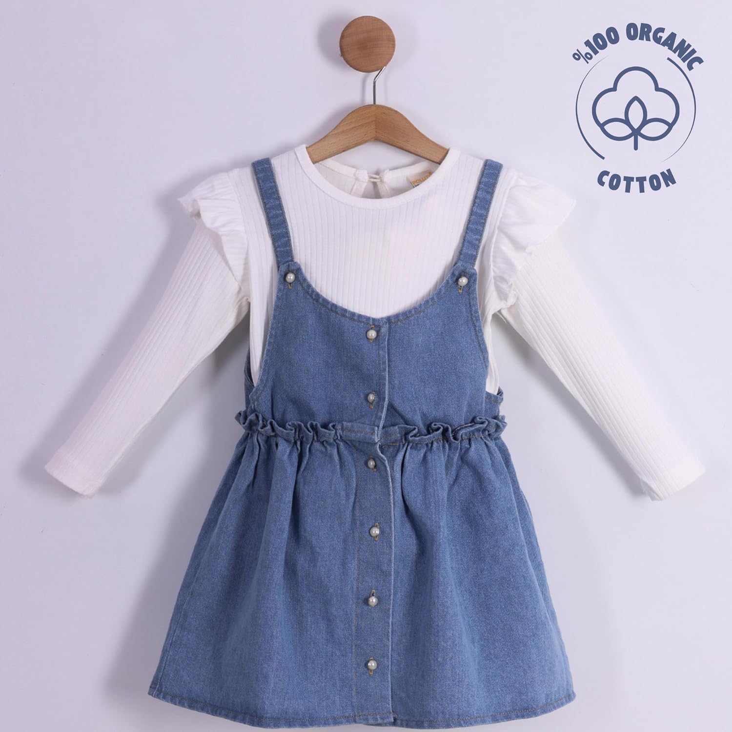 POLLİTO Set for Girls Denim Pinafore Dress and Sweatshirt | Ruffled Sweatshirt and Denim Pinafore Dress | Outfits for Girls - Image 2