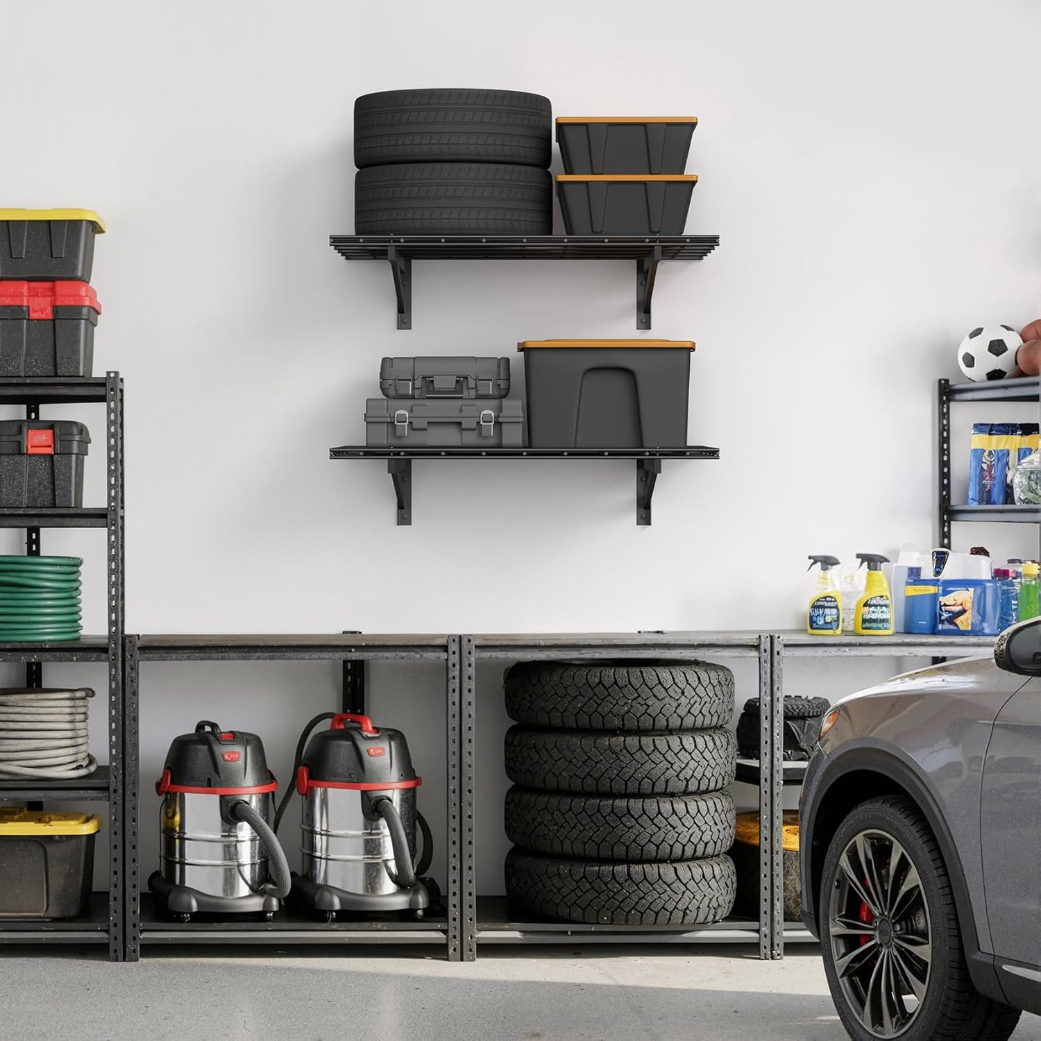 Jusgym 2 Pack Heavy Duty Garage Wall Shelving Set (2x3ft), Wall Mounted Garage Shelves 700lbs Capacity, 24"x72" Wall Shelf Storage Rack Floating Shelves, Black