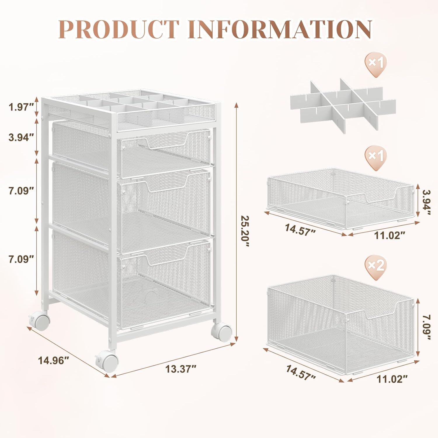JKsmart Rolling Makeup Cart Organizer with 3 Drawers, Cosmetics Display with Dividers, Floor Skincare Storage with Wheels, Versatile Vanity Organizer for Nail Polish Perfume Brush Hair Tool, White