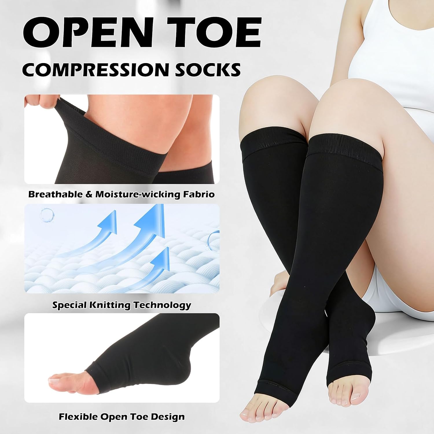 Compression Stockings, Open Toe Support Sock 20-30 mmHg Medium Stocking for Men and Women