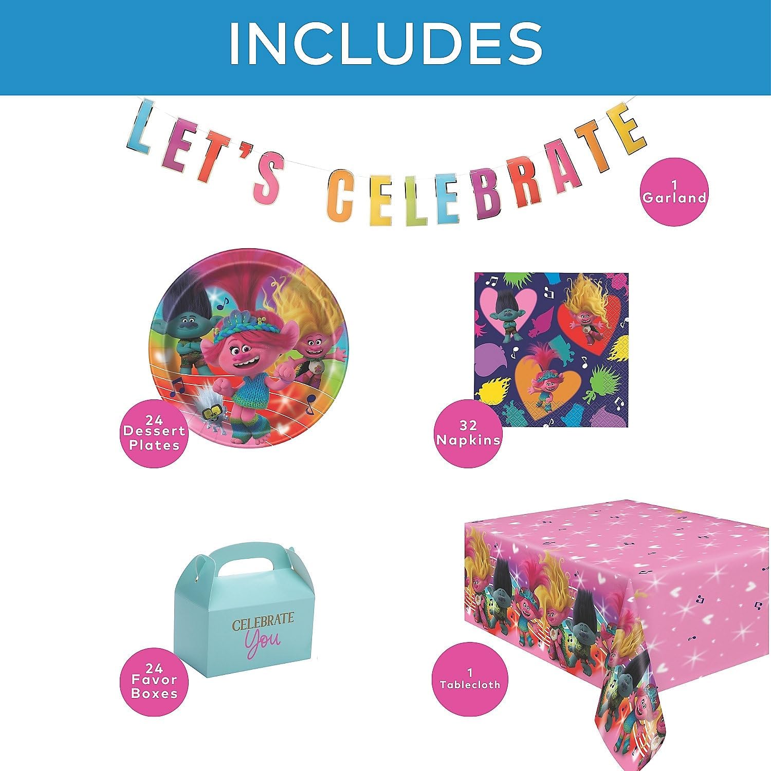 Fun Express 58 PC Birthday Party Kit for 24 - Happy Birthday Banner, Table Set with Birthday Party Paper Table Cover - Trolls Theme Complete Tableware Bundle