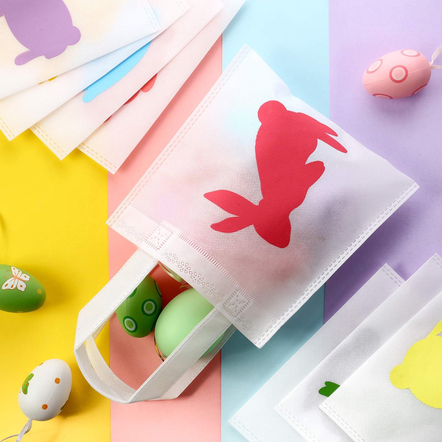 Boao 24 Pcs Bunny Non-Woven Gift Bags Reusable Easter Tote Treat Bags Bunny Bag Basket Container with Handles for Gifts Wrapping Egg Hunt Game Easter Party Supplies(7.87 x 7.87 Inch) image 4