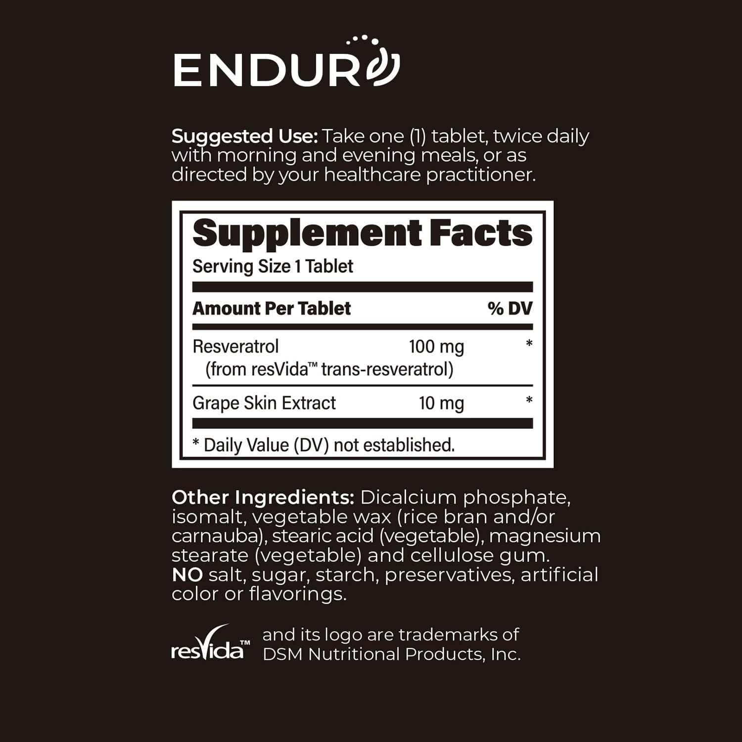 Endur Resveratrol, Healthy Aging & Cardiovascular Support Supplement, Instant Release Antioxidant Grape Skin Extract, Gluten Free, 100mg (150 Tablets)