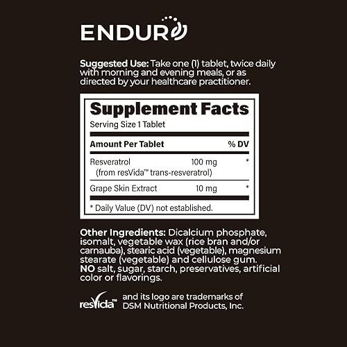 Miniatura 6 de Endur Resveratrol, suplemento para el envejecimiento saludable y apoyo cardiovascular, extracto antioxidante de piel de uva de liberación