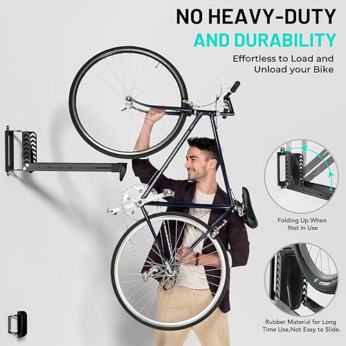 Miniatura 3 de Paquete de 3 soportes giratorios de pared para bicicleta, soportes verticales para bicicletas que ahorran espacio, soporta hasta 77 libras,