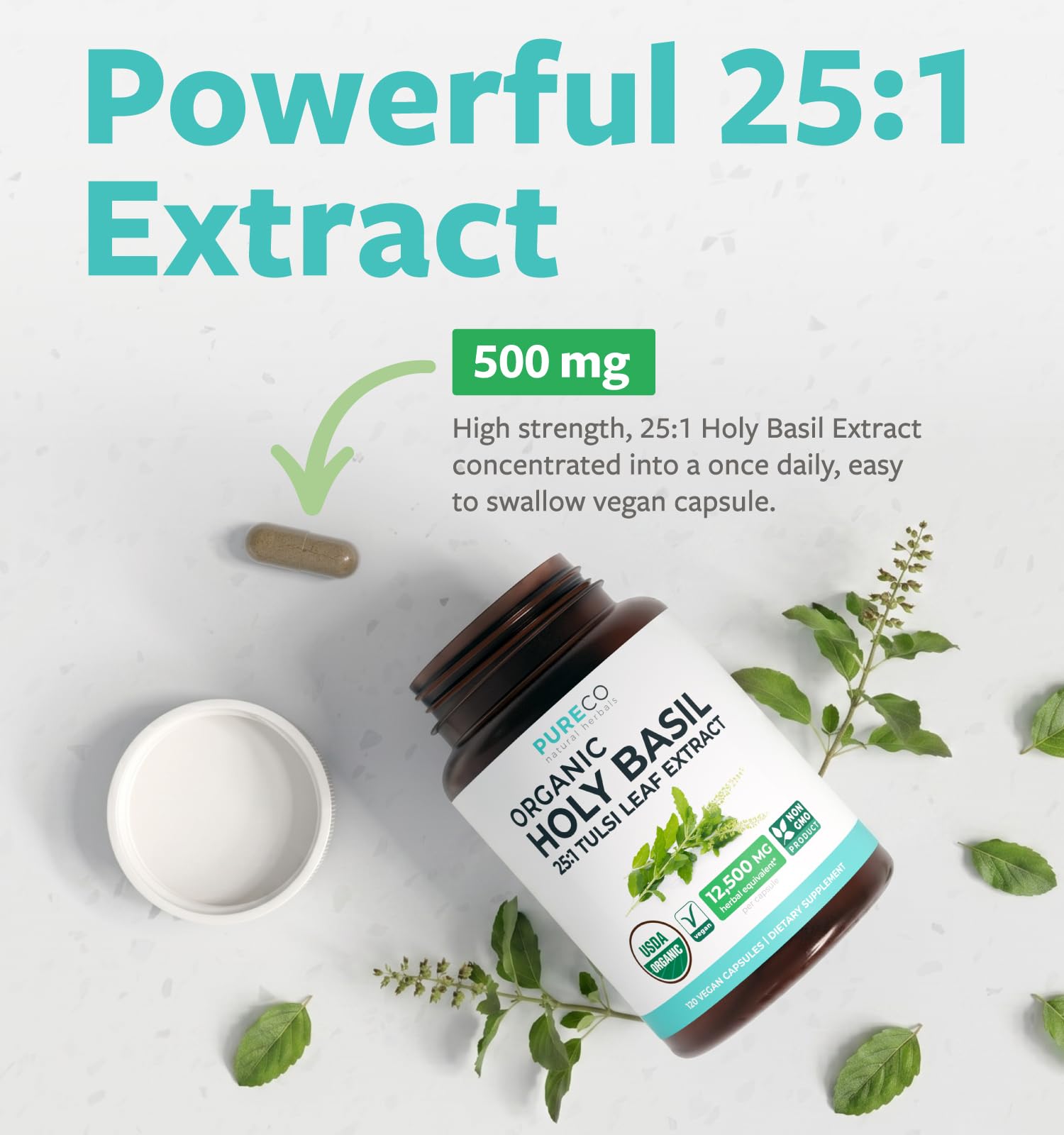 USDA Organic Holy Basil Supplement 500mg 25:1 Extract 1 Capsule Per Serving — Amazon image 3