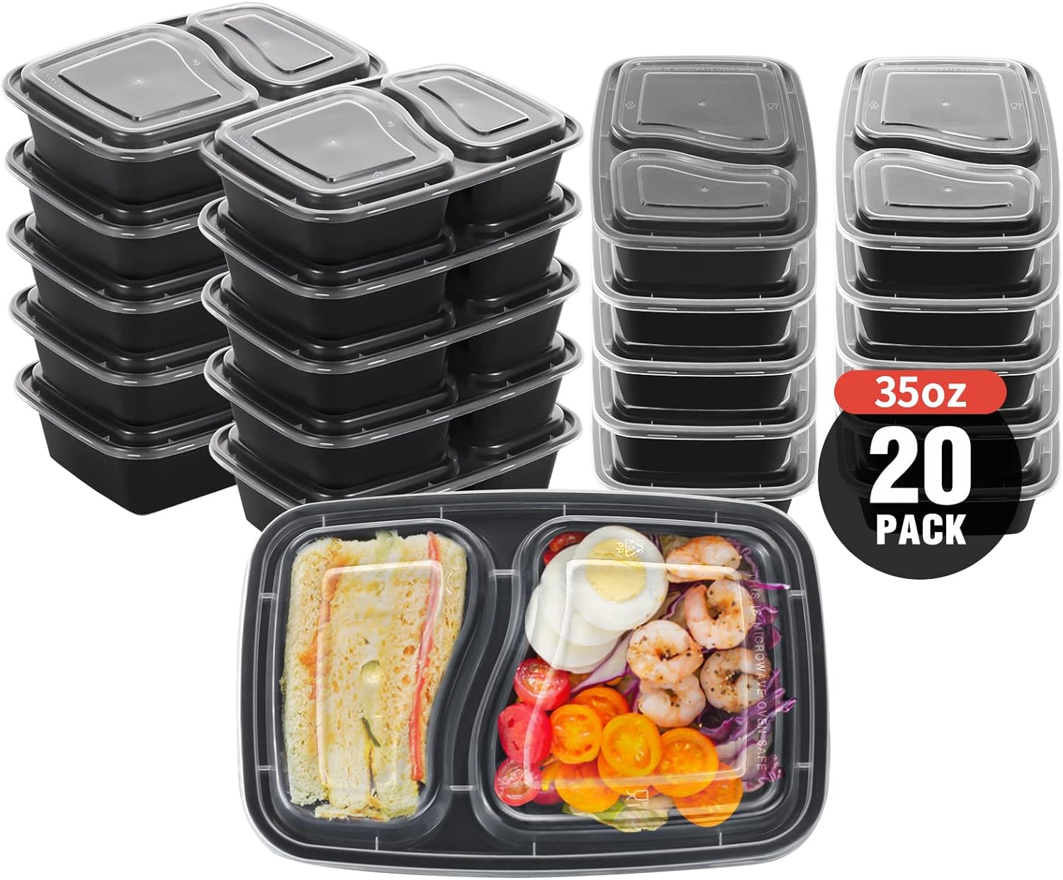 20 Pack Meal Prep Containers 2 Compartment, Reusable Food Storage Containers with Lids, Microwave Safe Bento Boxes, Disposable Lunch Boxes for Portion Control, BPA Free
