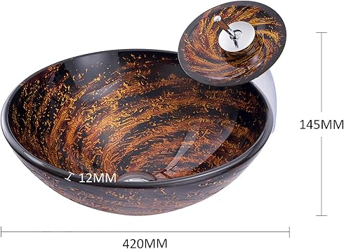 Bathroom Vessel Sink, Round Tempered Glass Vessel Sink Orange and Black Vessel Bowl Sink Artistic Countertop Vanity Vessel Sink with Pop Up Drain Combo, Waterfall Faucet, 420×420×145mm