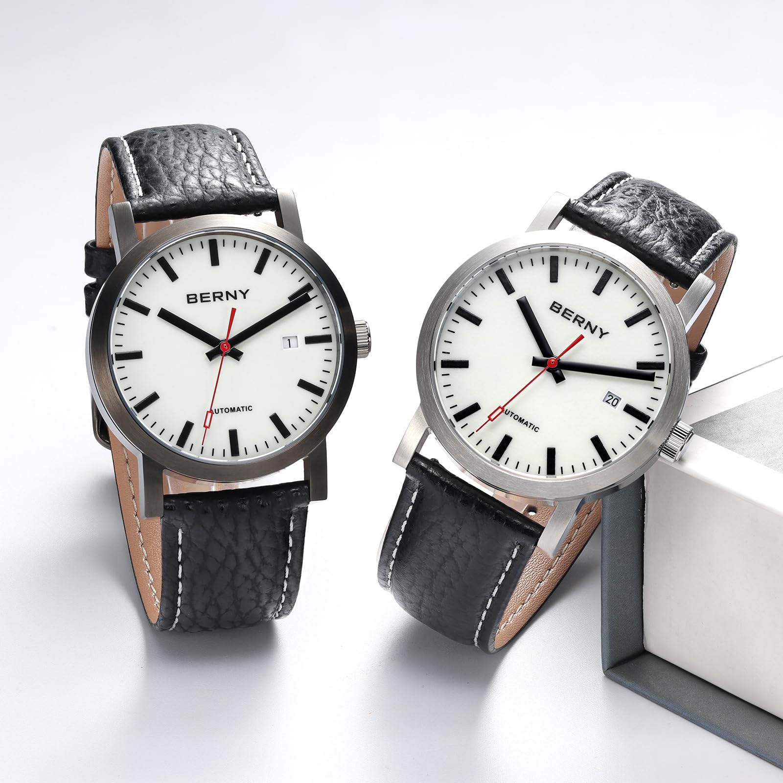 BERNY Clásico Reloj Automático Masculino Mecánico Reloj de Autorollo Correa de Acero Inoxidable 5ATM Impermeable y Luminoso