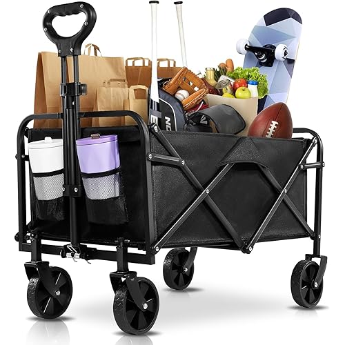 Collapsible Wagon Cart Foldable, Portable Heavy Duty Collapsible Beach Cart All Terrain with Large Capacity, Garden Wagons with Wheels for Shopping, Sports, Camping，Garden，Grocery - Black