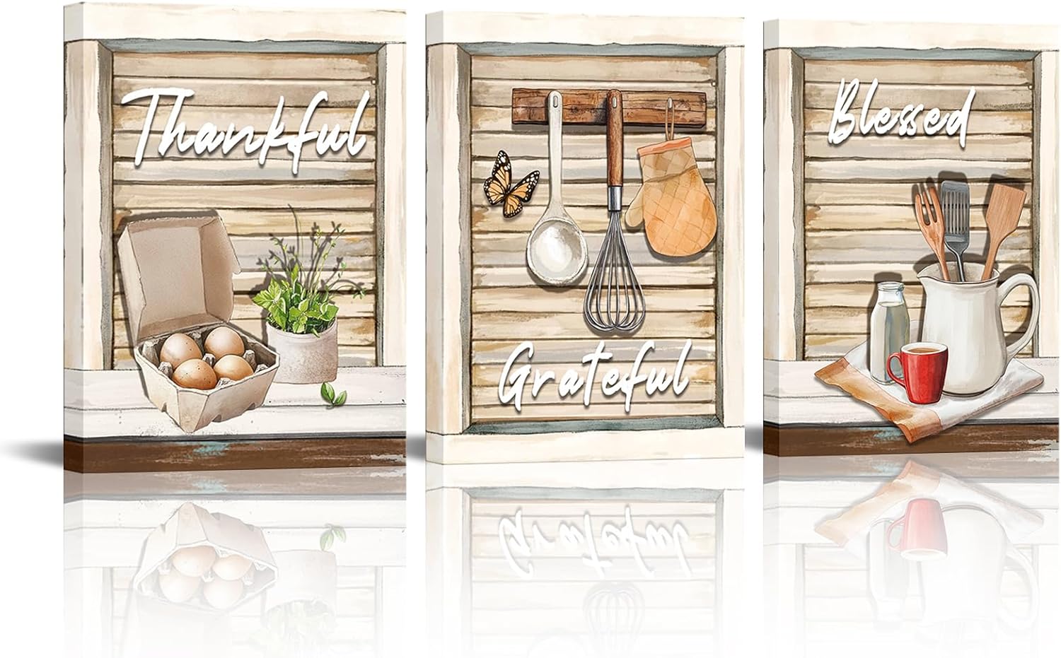 Sepwrol 3Pcs Rustic Bless Grateful Thankful Sign Canvas Wall Art, Retro Kitchen Quotes Prints Wall Decor, 12"x16" Country Farmhouse Theme Printing Artwork for Home Kitchen Living Room Dining Room