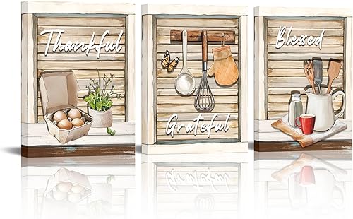 Sepwrol 3 piezas de lienzo rústico con texto en inglés Bless Grateful Thankful para pared, arte de pared con citas de cocina retro, 12 x 16