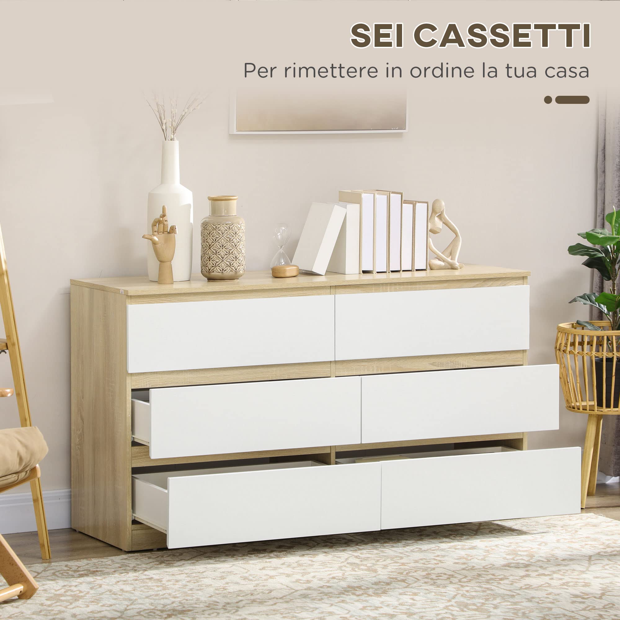 HOMCOM Cassettiera 6 Cassetti Moderna in Legno, Mobile Cassettiera per Camera da Letto 135x48x77cm, Bianco e Legno