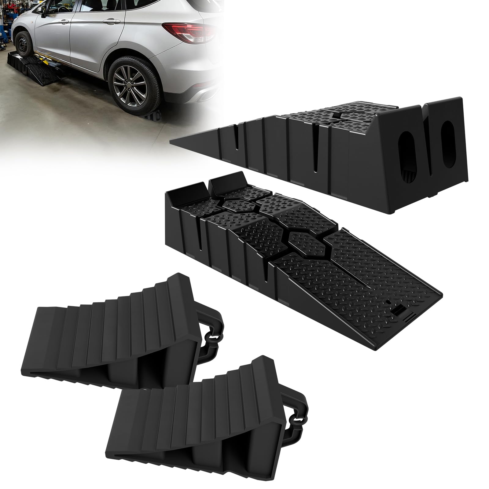 LZQ 2er-Set Kunststoff Auffahrrampe PKW KFZ Schwerlast Rampe + 2er-Set Radstopper Unterlegkeile Auto, PP Kunststoff Autorampe Laderampen + Bremskeile Radkeil für PKW Wohnmobil Anhänger, Schwarz