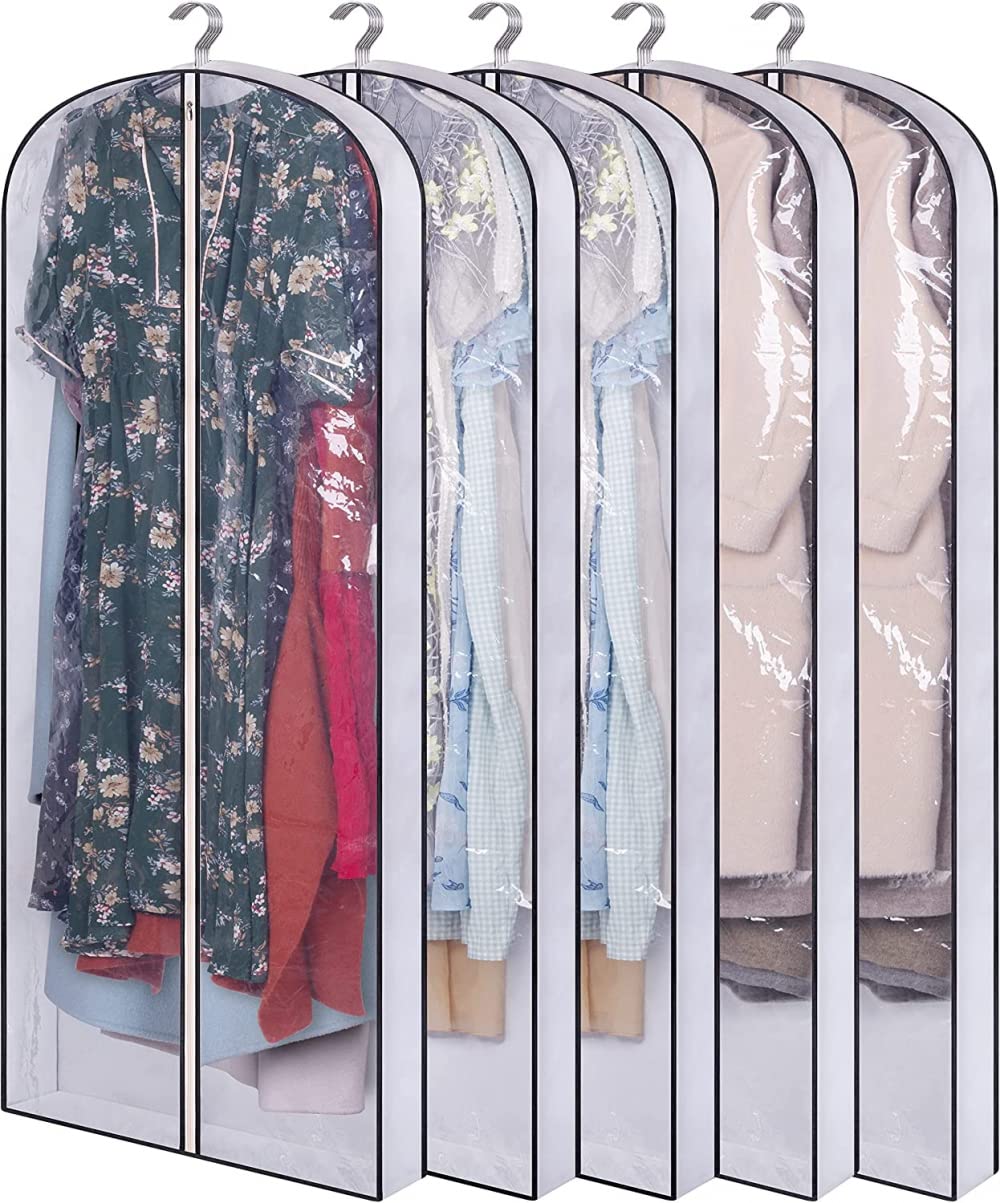 60'' Hängende Kleidersäcke für die Aufbewahrung von Kleidern, Kleidern, Mänteln, Anzügen, 5er-Pack-White||24''L x 40''H