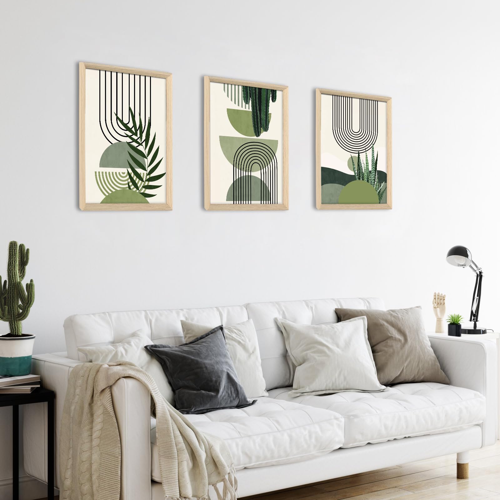 3 Pcs Wooden Framed Canvas Wall Art Set Bohemian Sage Green Canvas Prints Poster Geometric Line Beige Green Pictures for Living Room Bedroom Dinning Room Hallway Stairs Wall Decor 30x40cm x3pcs — view 504