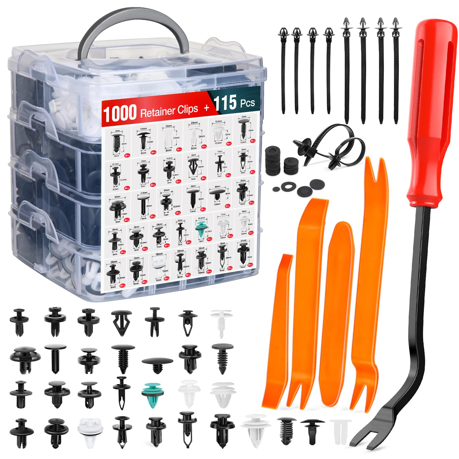 Nilight 1115-teiliges Auto-Halterungs-Clips, Auto-Befestigungs-Set, 32 gängige Größen, Nylon, Stoßstangen-Nieten mit 5 Befestigungselementen, Entferner, 10 Kabelbinder für Toyota GM, Ford, Honda,