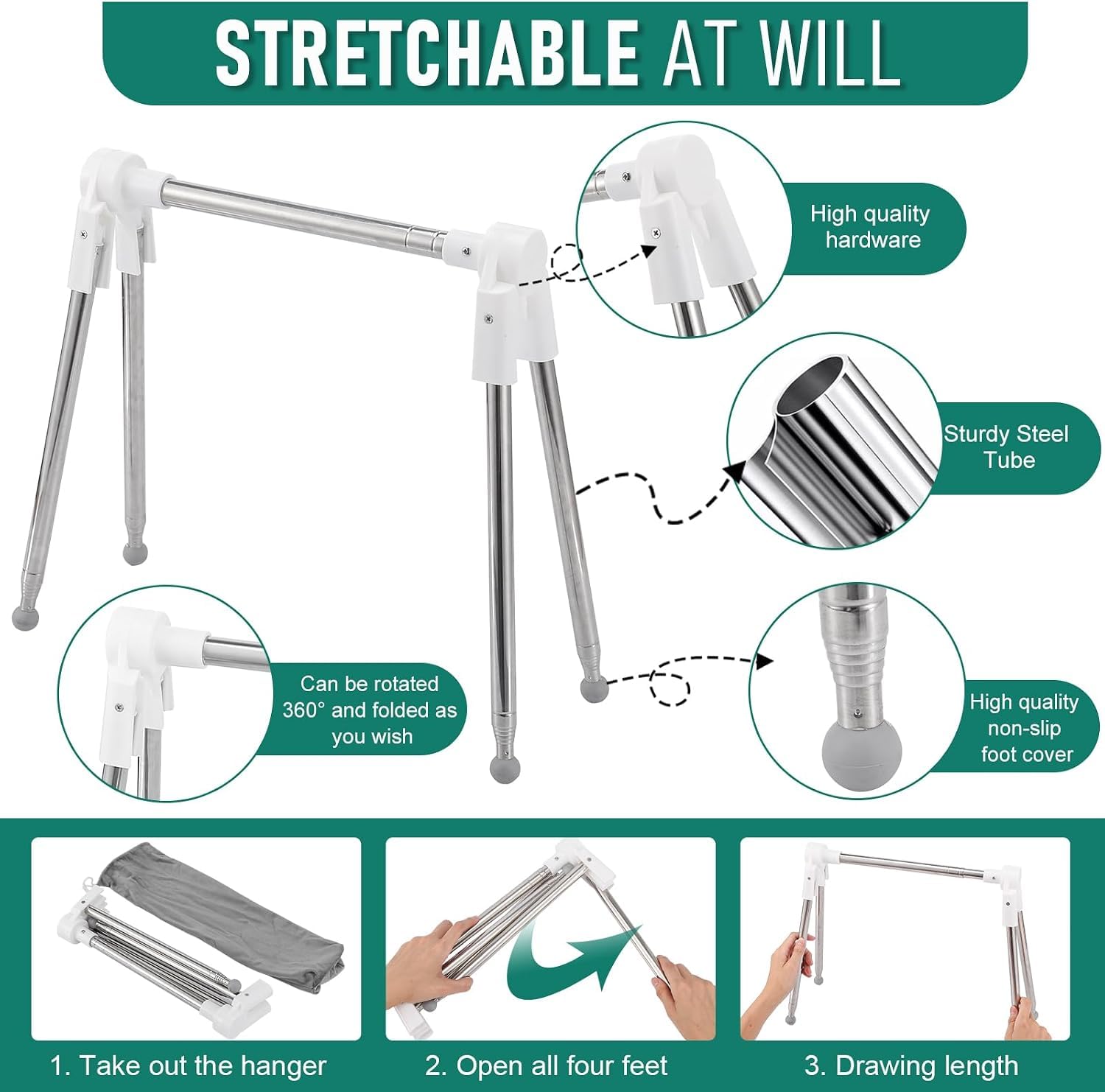Idong Tendedero portátil de acero inoxidable, 32-73 cm, retráctil, plegable, tendedero para camping, viajes, al aire libre, lavandería en casa, etc. Un mini perchero de viaje plegable