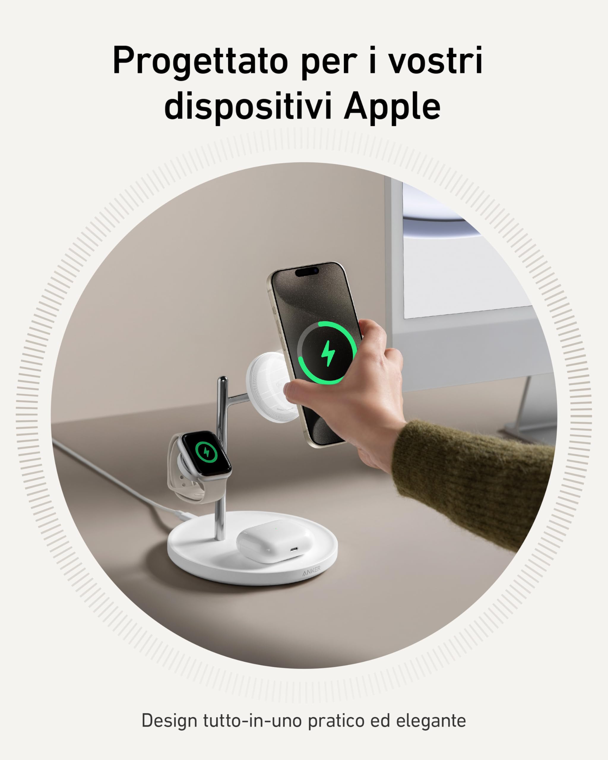 Anker Stazione di Ricarica Wireless 3 in 1, Certificata Qi2 15W Compatibile con MagSafe, Supporto per Serie iPhone 15, AirPods PRO, Apple Watch Ultra (Caricatore USB-C e Cavo Inclusi)