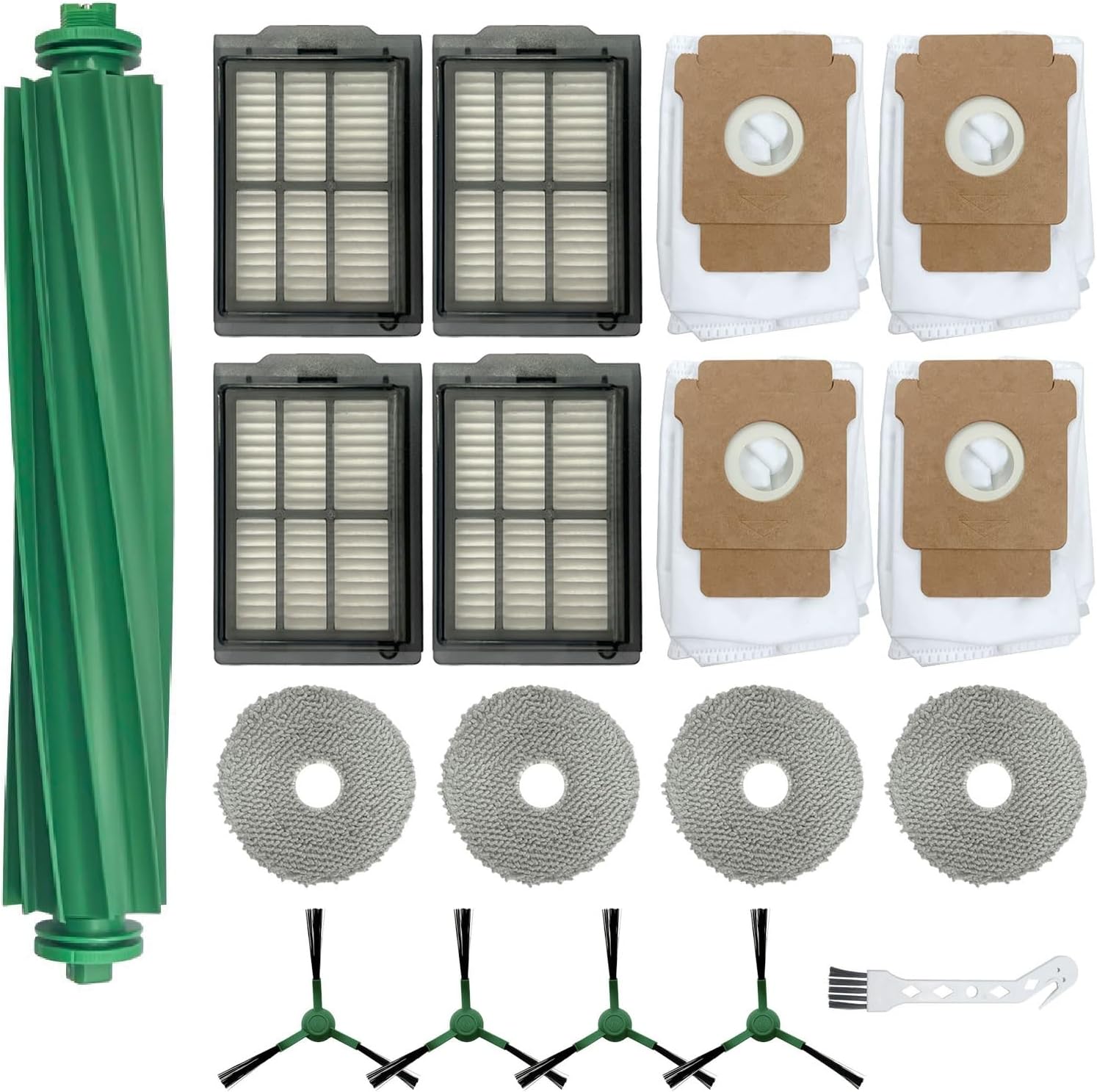 ANBOO Replacement Parts Accessories Compatible with Robot Roomba Plus 405 505 Combo Vacuum Cleaner, 1 Roller Brush, 4 Hepa Filters, 4 Side Brushes, 4 Mop Pad, 4 Dust Bags,1 Cleaning Brush