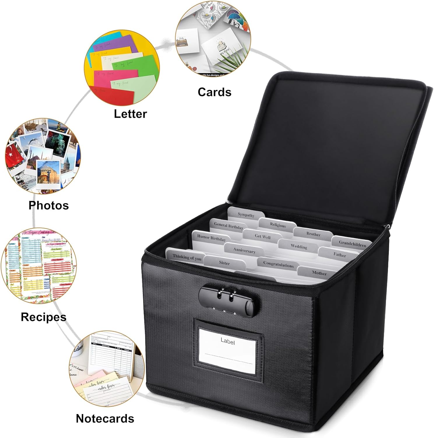 Fireproof Greeting Card Organizer with Lock,Collapsible Storage Box Holds 150+ Cards,Card Organizer Box with 15 Adjustable Dividers for Storing Greeting Cards, Envelopes, Stickers, Photos, Notecards