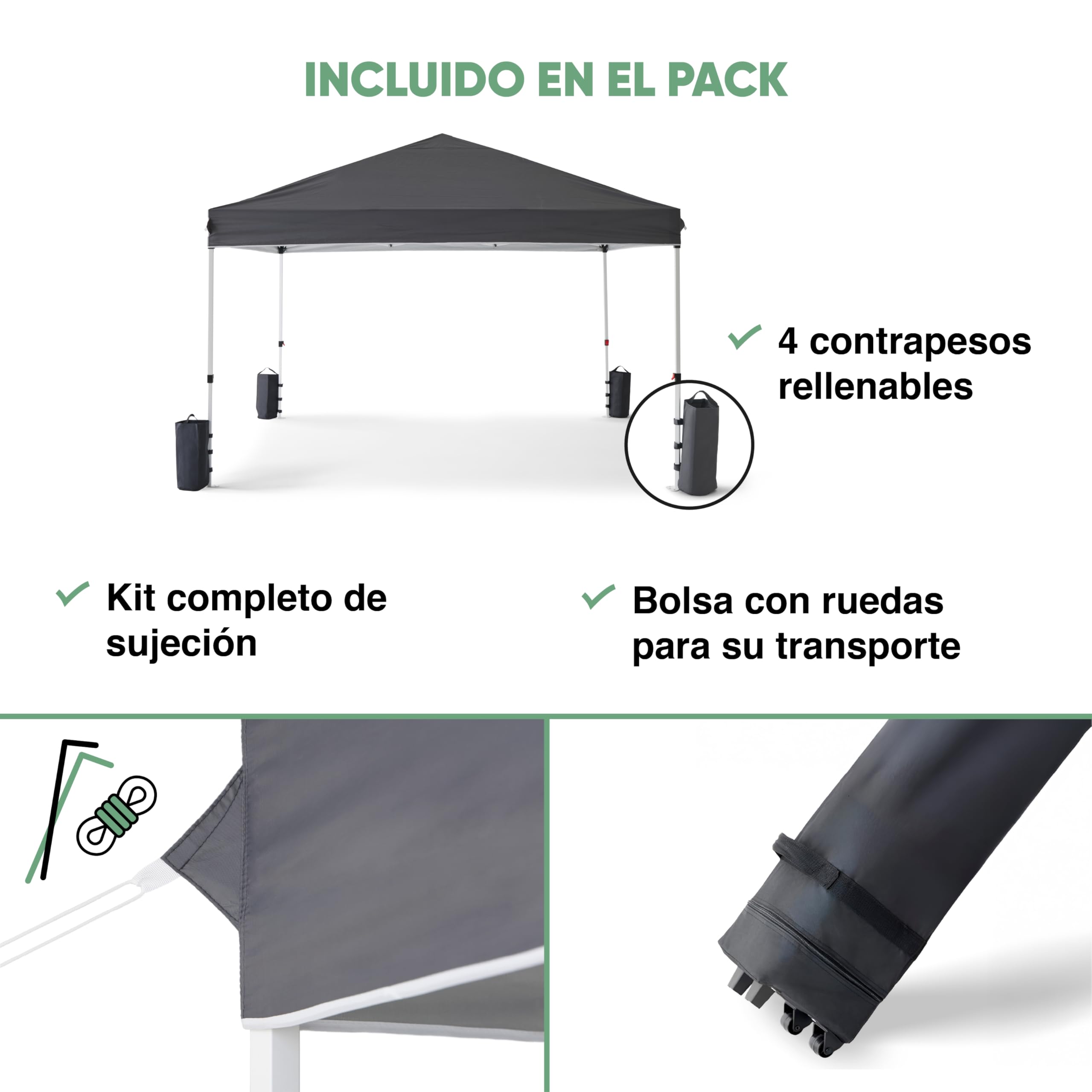 KG KITGARDEN - Carpa Plegable 3x3m con Diseño Pop Up, Incluye Piquetas y Bolsa de Transporte, Gris