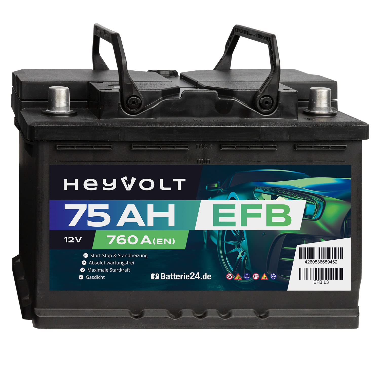 HeyVolt EFB Autobatterie 12V 75Ah 760A/EN Start-Stop, Standheizung geeignet | maximale Startkraft, absolut wartungsfrei