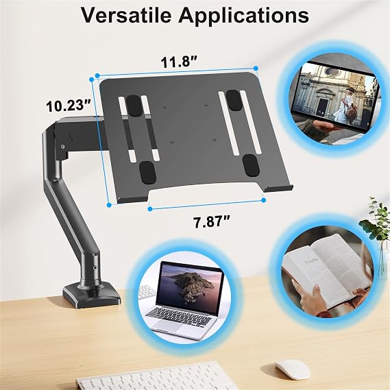 Laptop Stand Desk Mount, 2 in 1 Function, Gas Spring Arm Fits Max 17 Notebook and 32 Computer Screen, Single Monitor Mount with Laptop Tray, Holds up to 17.6lbs