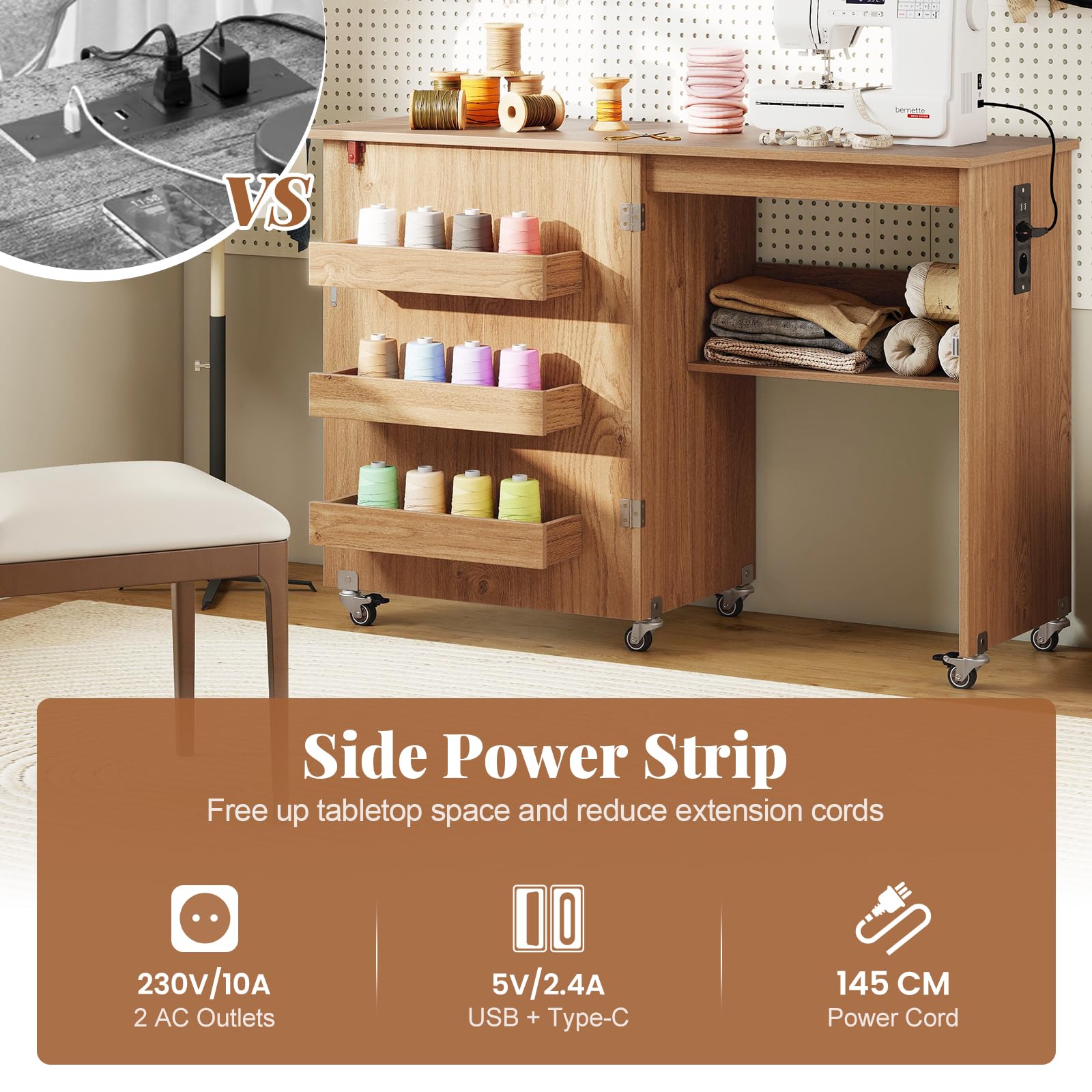 FANTASK Table à Coudre Pliable 2 en 1 avec Station de Charge, étagères et Roues verrouillables, Table de Couture en Bois, Station de Bricolage Polyvalente pour Salon, Chambre à Coucher (Naturel)