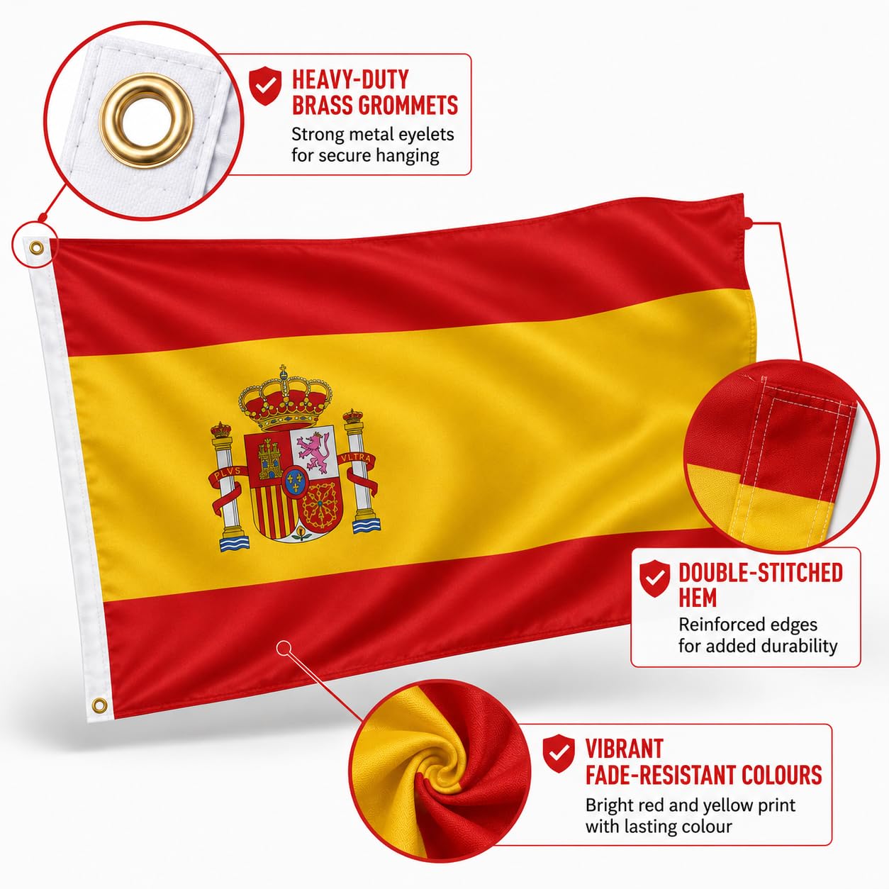 Bandera de España con Escudo para Exterior e Interior Resistente a la Intemperie con 2 Ojales de Latón y Costuras Dobles Ideal para Mundial 2026 y Eventos Deportivos 90x150 cm