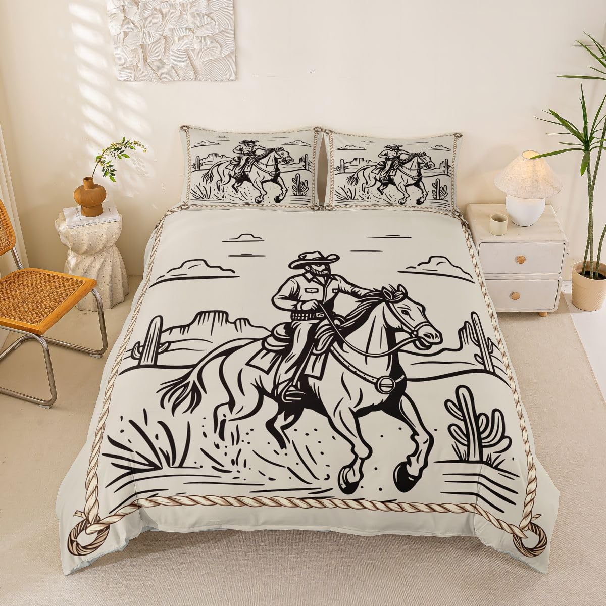 Loussiesd Skeleton Cowboy Duvet Cover Double Size Western Desert Rider Bedding Set for Boys Girls Vintage Line Art Comforter Cover Wild West Style Bedroom Decor 3Pcs Cactus โ image 1