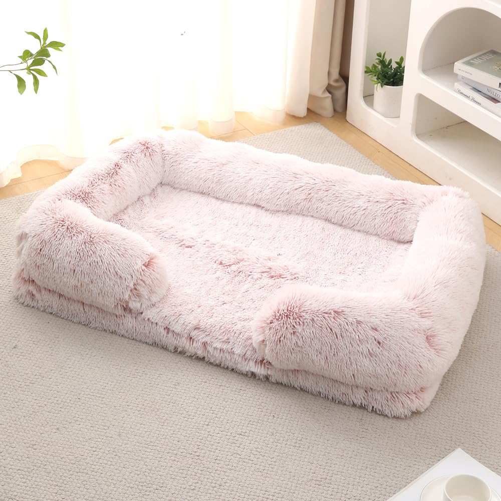 80x53cm Panier pour Chien Dehoussable et Lavable,Lit Chat Orthopedique | Couverture de Protection pour Canapé,Bords Rehaussés,Coussin Chien Anti Stress Doux et Moelleux,Rose