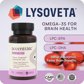 Omega 110 w/LYSOVETA | High Potency LPC & Lyso-DHA Omega-3 Supplement | Brain Health, Focus & Mood | 6X Higher Absorption