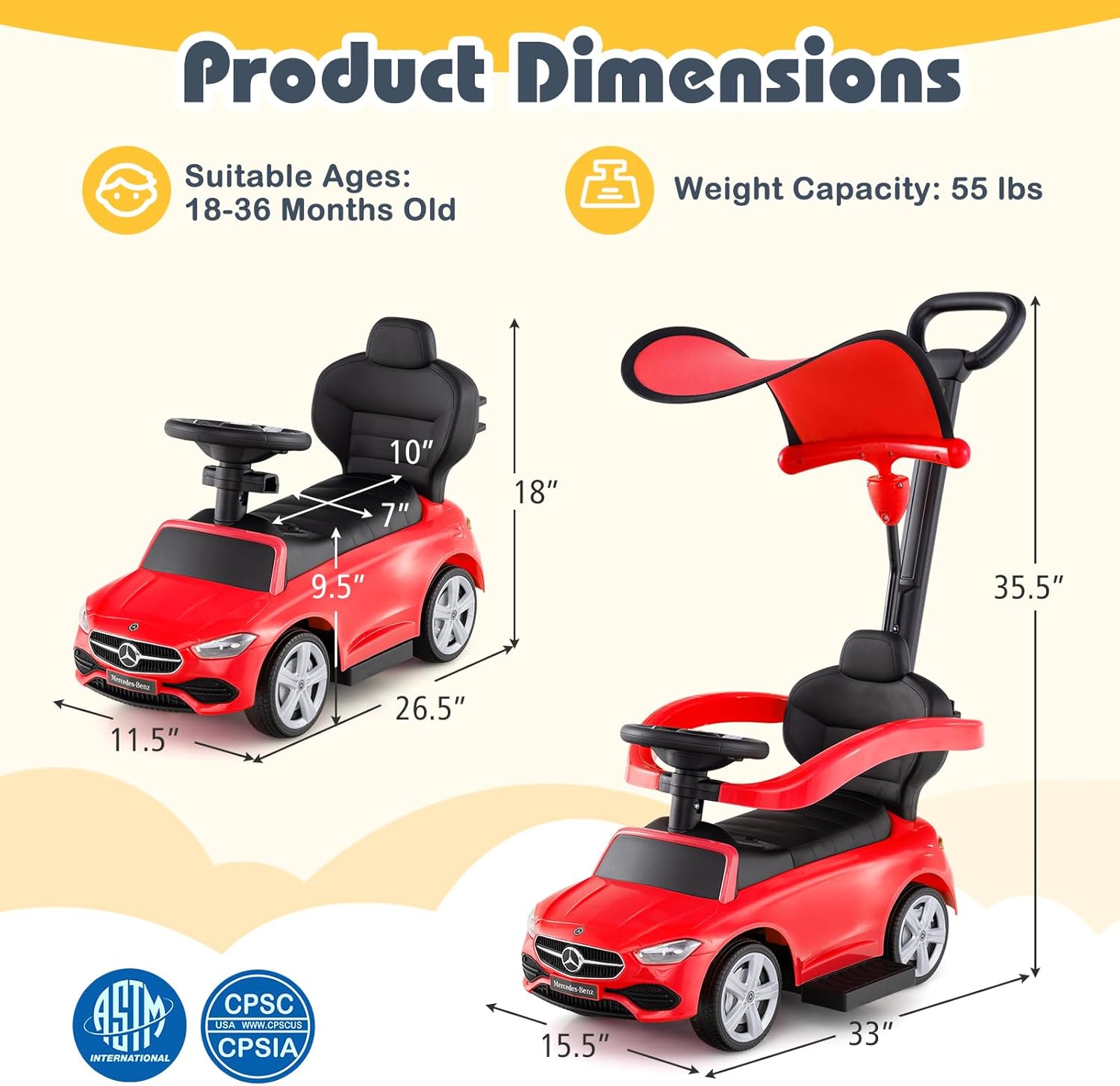 Image displaying product dimensions and weight capacity for the push car, suitable for ages 18-36 months old.