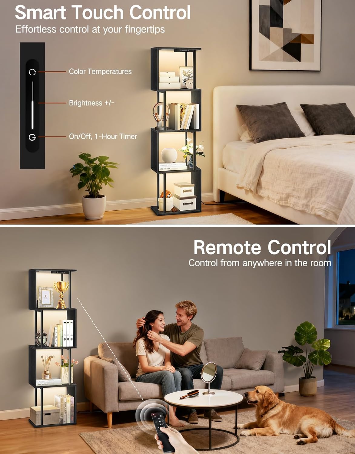 5 Tier S-Shaped Geometric Bookshelf with LED Light, 3 Color Temperatures, Touch & Remote Control, Dimmable Standing Bookcase, Small Display Shelf for Living Room, Bedroom, Office(Black)