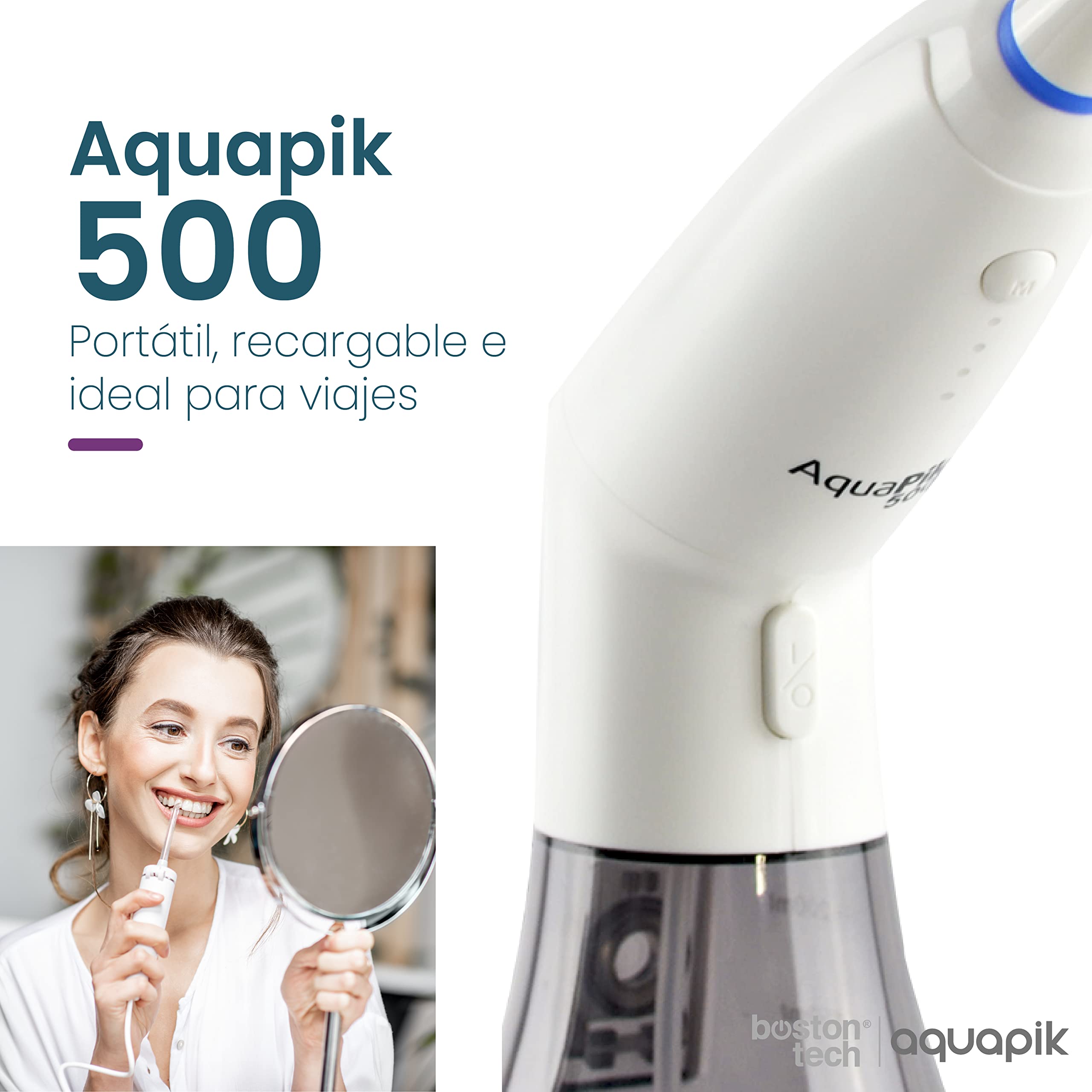 Aquapik 500, Irrigador Bucal Portátil con Diseño Único Deformable Tanque de Agua removible. Irrigador Dental Recargable para Viajes y Oficina.6 boquillas, 4 modos, Impermeable IPX7 (Blanco)