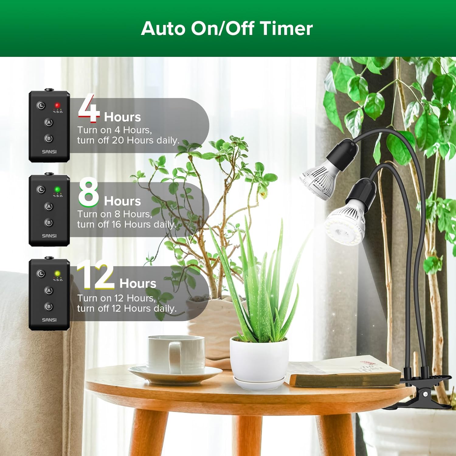 SANSI LED Grow Lights for Indoor Plants, Lifetime Free Bulb Replacement, 300W Full Spectrum Dual Gooseneck Clip Plant Grow Light, Plant Light with Timer 4/8/12 Hrs, High PPFD Growing Power Grow Lamp - Image 2