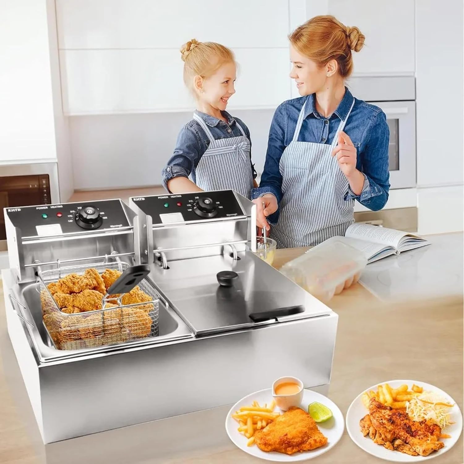 Professional Double Tank Fryer - Double Tank Electrical Appliances - Stainless Steel Commercial Fryer for Kitchen Dining Cooking Chips French Fries Fish Turkey Chicken Legs,