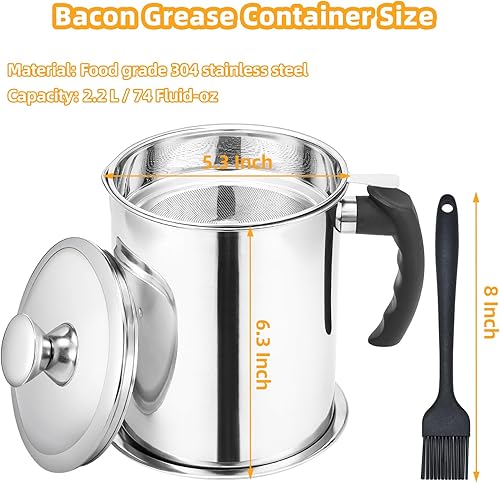 Miniatura 11 de Kaemi Recipiente de grasa de tocino de 2.2 L / 74 onzas con colador, atrapador de aceite rojo para almacenamiento de aceite para cocina con tapa