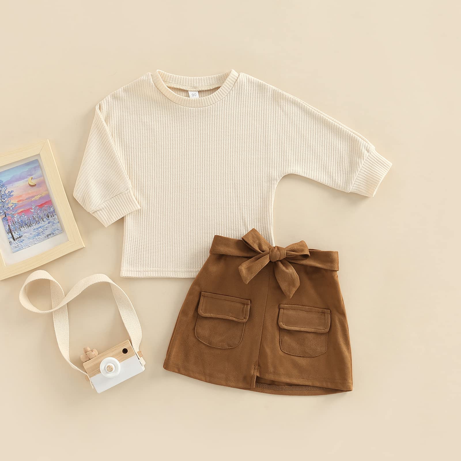 Set di 2 vestiti da bambina per autunno e inverno, a maniche lunghe, con pompon, maglia a maglia, maglione, gonna con bottoni, 2 pezzi