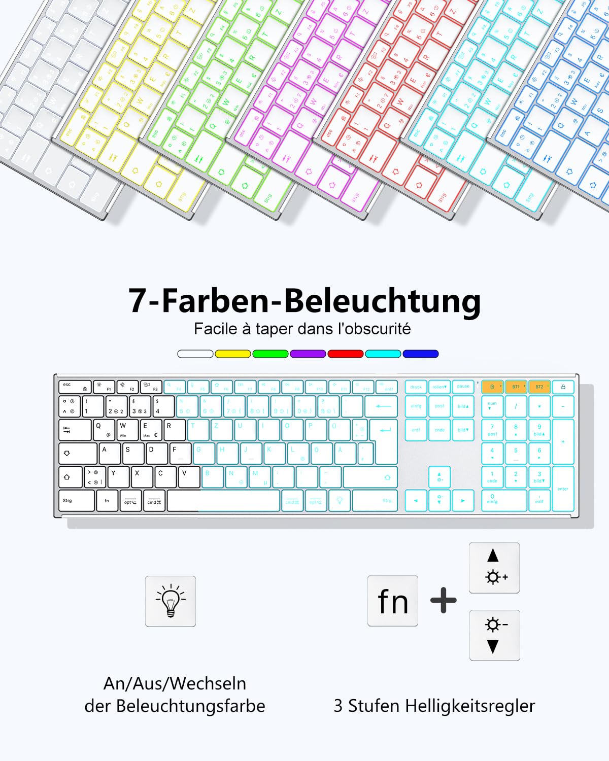 OMOTON Tastatur Kabellose Beleuchtet, Bluetooth + 2,4G, QWERTZ, Silber | Metallgehäuse, Multi-Device, Wiederaufladbar, Leise, Ergonomische, Windows/macOS/PC, Büro/Homeoffice/Reisen