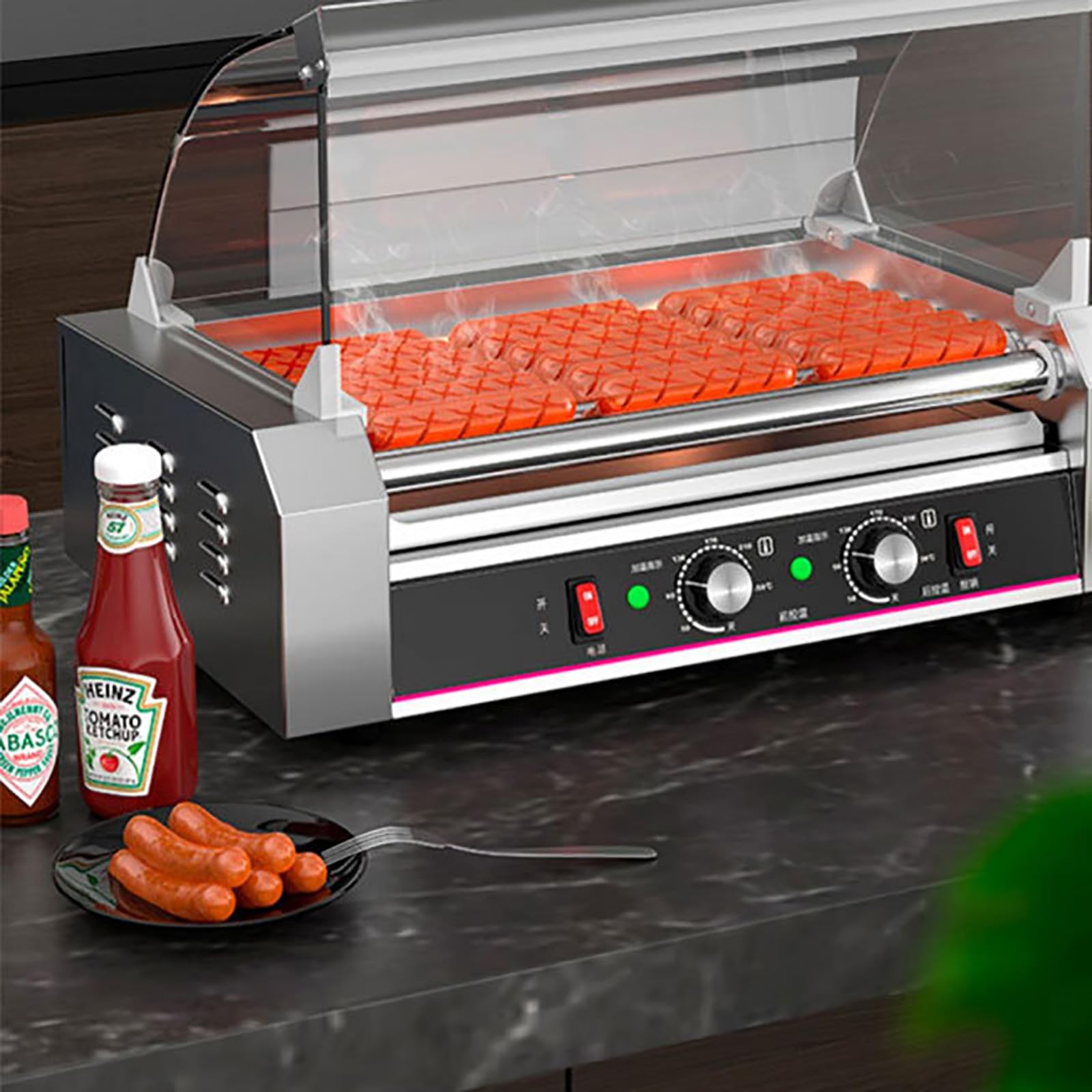 Asador automático comercial de salchichas | Máquina de perritos calientes con control de temperatura dual | Rodillo de 18 perros calientes | Acero inoxidable | Uso doméstico o comercial